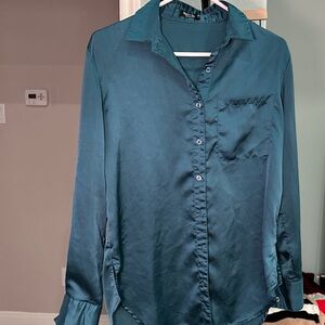 Nasty Gal Teal Satin Button-Front Women's Shirt